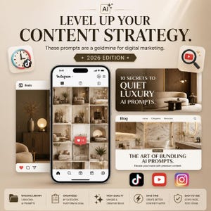 K&ouml;nnte beinhalten: Eine digitale Marketinggrafik mit dem Titel LEVEL UP YOUR CONTENT STRATEGY 2026 EDITION. Sie zeigt ein Smartphone mit einem Instagram-Raster, eine Blog-Oberfl&auml;che, Symbole f&uuml;r TikTok, YouTube und Instagram sowie Text &uuml;ber KI-Prompts.