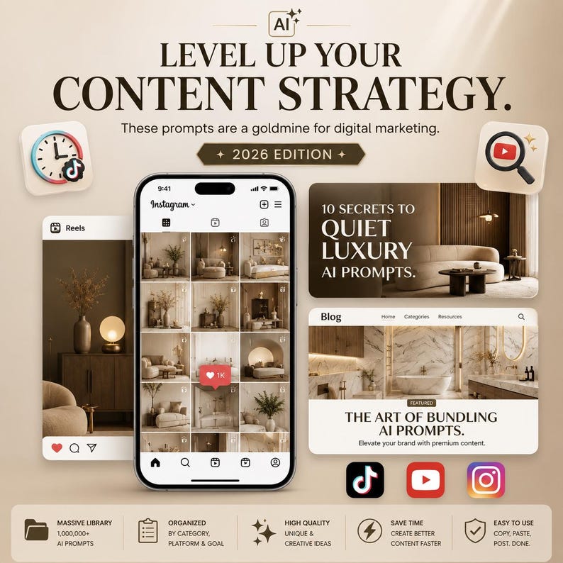 K&ouml;nnte beinhalten: Eine digitale Marketinggrafik mit dem Titel LEVEL UP YOUR CONTENT STRATEGY 2026 EDITION. Sie zeigt ein Smartphone mit einem Instagram-Raster, eine Blog-Oberfl&auml;che, Symbole f&uuml;r TikTok, YouTube und Instagram sowie Text &uuml;ber KI-Prompts.