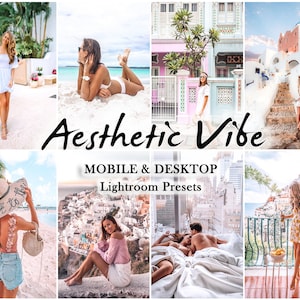 May include: A collection of eight travel and lifestyle photographs featuring beach scenes, coastal architecture, and indoor settings with the text Aesthetic Vibe MOBILE & DESKTOP Lightroom Presets displayed in the center of the image collage.