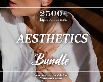 Könnte beinhalten: Ein weißes Hemd mit einer goldenen Halskette und Ohrringen. Der Text "2500+ Lightroom Presets" und "Aesthetics Bundle" wird auf dem Bild angezeigt. Der Text "Mobile & Desktop Lightroom Presets" wird ebenfalls auf dem Bild angezeigt.