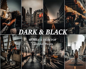 30 stedelijke zwarte Lightroom-presets, desktop- en mobiele preset, donkere elegante vervaagde presets, nachtstad, humeurig, stadsstraat stedelijke fotografie