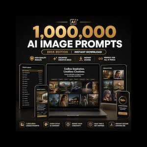 Könnte beinhalten: Eine digitale Produktanzeige mit dem Text 1,000,000 AI IMAGE PROMPTS 2026 EDITION. Das Layout umfasst einen Laptop, zwei Tablets und zwei Smartphones, die verschiedene Bildkategorien und Menüs auf dunklen Bildschirmen anzeigen.