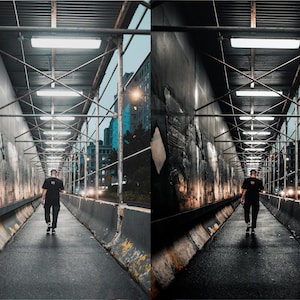 May include: A split-screen comparison showing a person walking through a city construction scaffolding tunnel. The left side is labeled Before and the right side is labeled After, displaying a color-graded urban walkway with overhead lights.