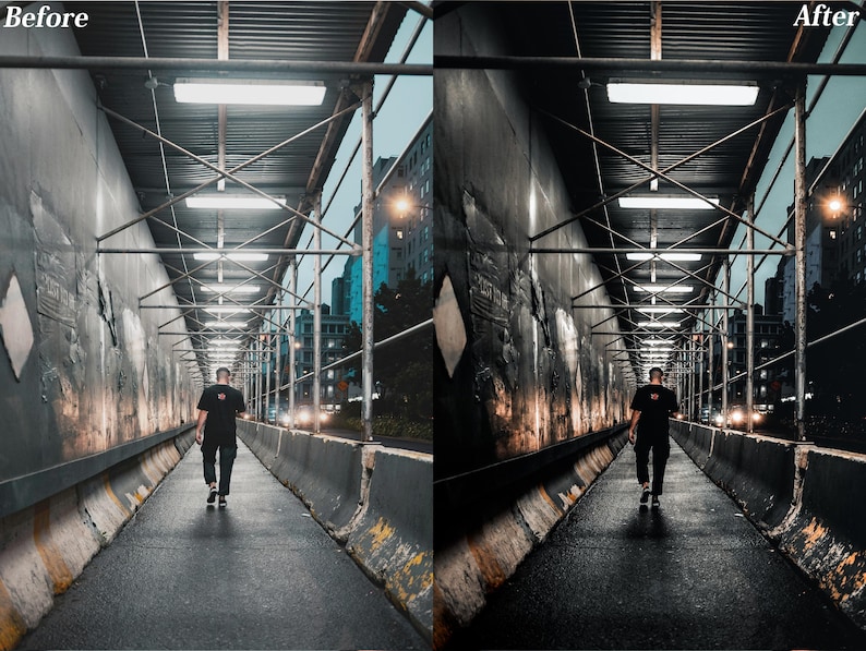 May include: A split-screen comparison showing a person walking through a city construction scaffolding tunnel. The left side is labeled Before and the right side is labeled After, displaying a color-graded urban walkway with overhead lights.