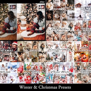 May include: A collection of Winter and Christmas photo presets featuring various themes like Nordic, Cozy Holiday, Festive Holidays, Festive Xmas, December, Cozy Christmas, Christmas Glow, Snowflake, Vibrant Holiday, Vibrant Winter, and Golden Christmas.