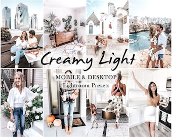 May include: A collage of images showcasing the "Creamy Light" Lightroom presets for mobile and desktop. The images feature various people in different settings, including a couple on a rooftop, a woman in a kitchen, and a woman in a yoga pose. The presets create a warm, soft, and dreamy aesthetic.