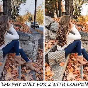 May include: A woman wearing a white sweater, blue jeans, and brown ankle boots sits on a stone staircase covered in autumn leaves. She is carrying a brown and black patterned handbag. The text "GET 4 ITEMS PAY ONLY FOR 2 WITH COUPON: 2FREE" is at the bottom of the image.