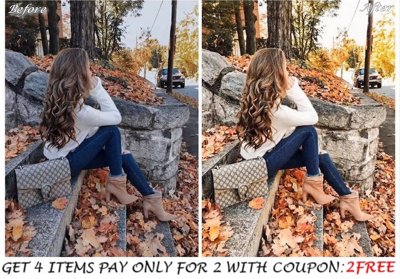 May include: A woman wearing a white sweater, blue jeans, and brown ankle boots sits on a stone staircase covered in autumn leaves. She is carrying a brown and black patterned handbag. The text "GET 4 ITEMS PAY ONLY FOR 2 WITH COUPON: 2FREE" is at the bottom of the image.