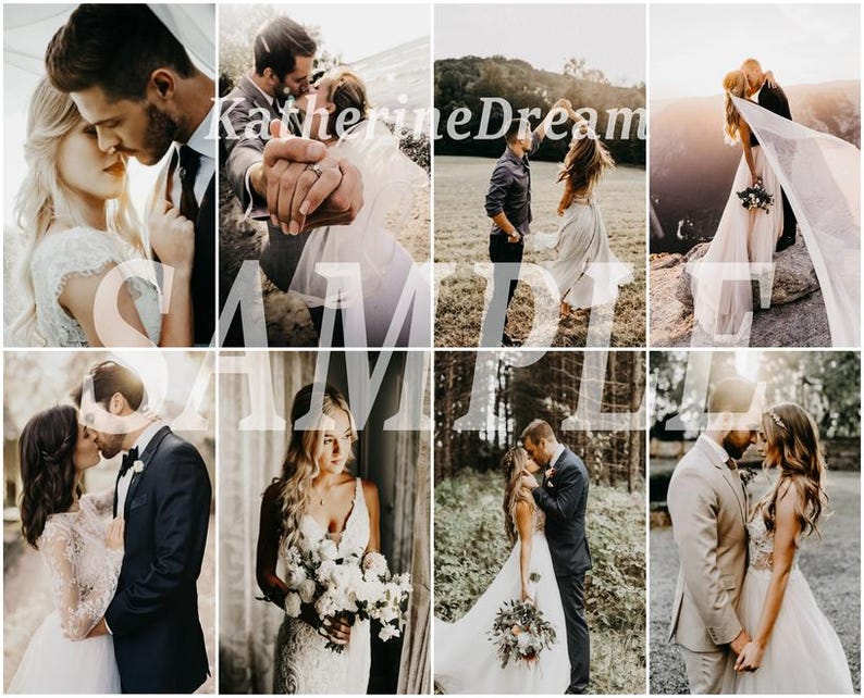 May include: A collection of eight wedding photos featuring couples in various poses. The photos are taken in different locations, including a forest, a field, and a rocky outcrop. The couples are dressed in formal attire, and the photos capture the joy and love of their special day.