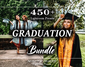 Paquete de más de 450 presets de Lightroom para graduación, presets escolares, presets para graduados, presets para ceremonias, presets universitarios, presets para estudiantes, presets para clases.