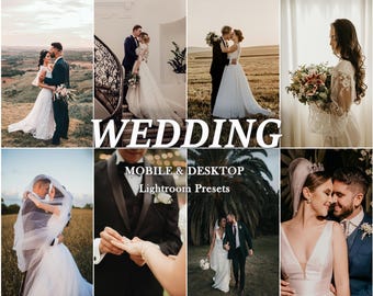 May include: A collection of wedding photography presets for Lightroom, designed for both mobile and desktop use. The presets are shown applied to various wedding photos, showcasing different lighting and color adjustments.