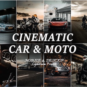 May include: A digital collection of photo editing presets titled CINEMATIC CAR & MOTO MOBILE & DESKTOP LIGHTROOM PRESETS, featuring a collage of eight high-contrast images showing various sports cars, motorcycles, and vehicle interiors.