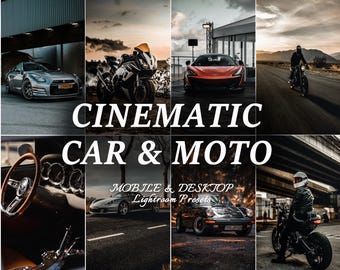 Puede incluir: Una colección digital de ajustes preestablecidos de edición fotográfica titulada CINEMATIC CAR & MOTO MOBILE & DESKTOP LIGHTROOM PRESETS, que presenta un collage de ocho imágenes de alto contraste con varios coches deportivos, motocicletas e interiores.
