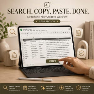 K&ouml;nnte beinhalten: Ein Tablet zeigt eine Tabelle mit dem Titel AI Image Prompts mit Kategorien, Themen und Stilen. Der Text lautet SEARCH, COPY, PASTE. DONE. Streamline Your Creative Workflow 2026 EDITION. Ein Eingabestift liegt auf dem Schreibtisch neben dem Tablet.