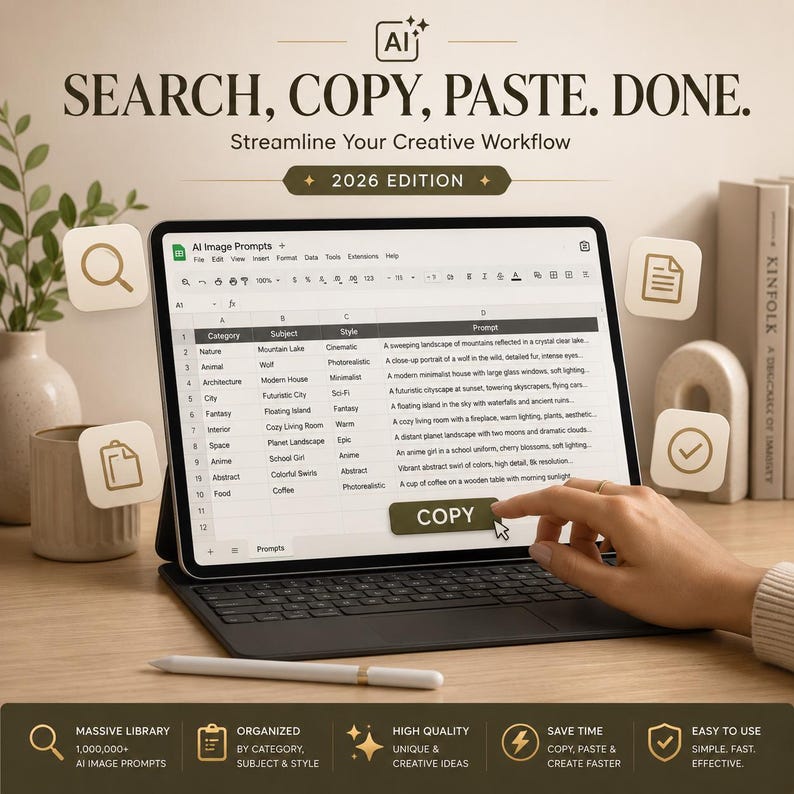 K&ouml;nnte beinhalten: Ein Tablet zeigt eine Tabelle mit dem Titel AI Image Prompts mit Kategorien, Themen und Stilen. Der Text lautet SEARCH, COPY, PASTE. DONE. Streamline Your Creative Workflow 2026 EDITION. Ein Eingabestift liegt auf dem Schreibtisch neben dem Tablet.