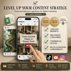K&ouml;nnte beinhalten: Eine Grafik f&uuml;r digitale Marketingressourcen mit einem Smartphone, das einen Instagram-Feed mit dem Text From Ancient Magic to Future Tech anzeigt. Enth&auml;lt eine Liste von Funktionen: 1 Million Prompts, Organized Categories, Commercial License und Multi-Generator Compatibility sowie Symbole f&uuml;r TikTok, YouTube und Instagram.
