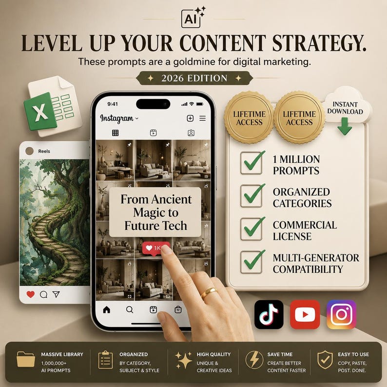 K&ouml;nnte beinhalten: Eine Grafik f&uuml;r digitale Marketingressourcen mit einem Smartphone, das einen Instagram-Feed mit dem Text From Ancient Magic to Future Tech anzeigt. Enth&auml;lt eine Liste von Funktionen: 1 Million Prompts, Organized Categories, Commercial License und Multi-Generator Compatibility sowie Symbole f&uuml;r TikTok, YouTube und Instagram.