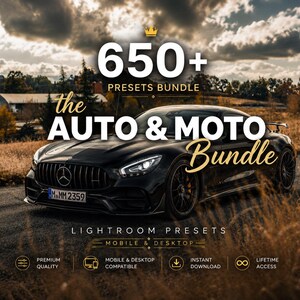 Può includere: Una pubblicità di prodotto digitale con un'auto sportiva nera su una strada con il testo 650+ PRESETS BUNDLE, the AUTO & MOTO Bundle, LIGHTROOM PRESETS, MOBILE & DESKTOP, PREMIUM QUALITY, MOBILE & DESKTOP COMPATIBLE, INSTANT DOWNLOAD, e LIFETIME ACCESS.