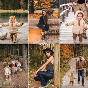 May include: A collage of images featuring people wearing fall-themed clothing. The images include a young child wearing a brown jacket, a woman wearing a black jacket and jeans, a man wearing a brown leather jacket, and a woman wearing a black top and jeans. The images are set in a variety of outdoor locations, including a forest, a bridge, and a park.