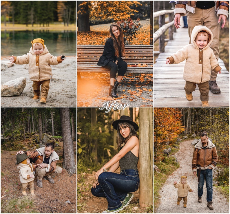 May include: A collage of images featuring people wearing fall-themed clothing. The images include a young child wearing a brown jacket, a woman wearing a black jacket and jeans, a man wearing a brown leather jacket, and a woman wearing a black top and jeans. The images are set in a variety of outdoor locations, including a forest, a bridge, and a park.
