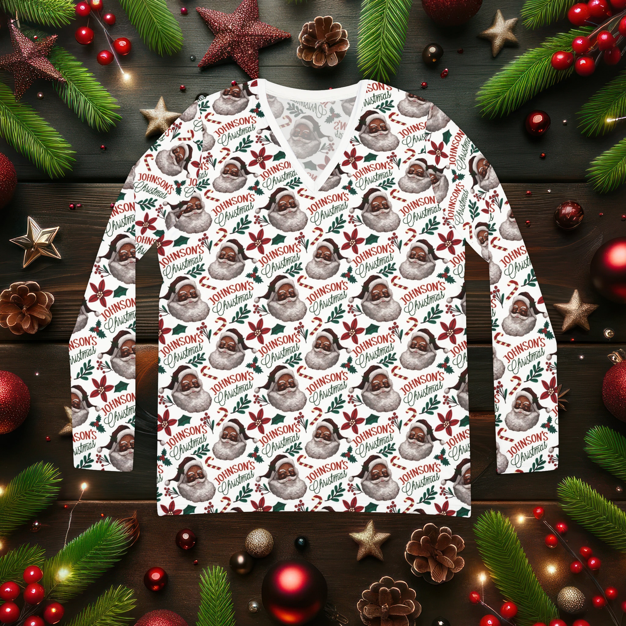 Women's Black Santa Christmas Pajamas Long Sleeve, Personalized Family