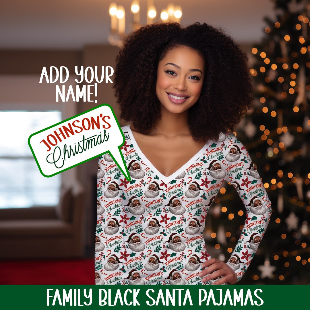 Women's Black Santa Christmas Pajamas Long Sleeve, Personalized Family