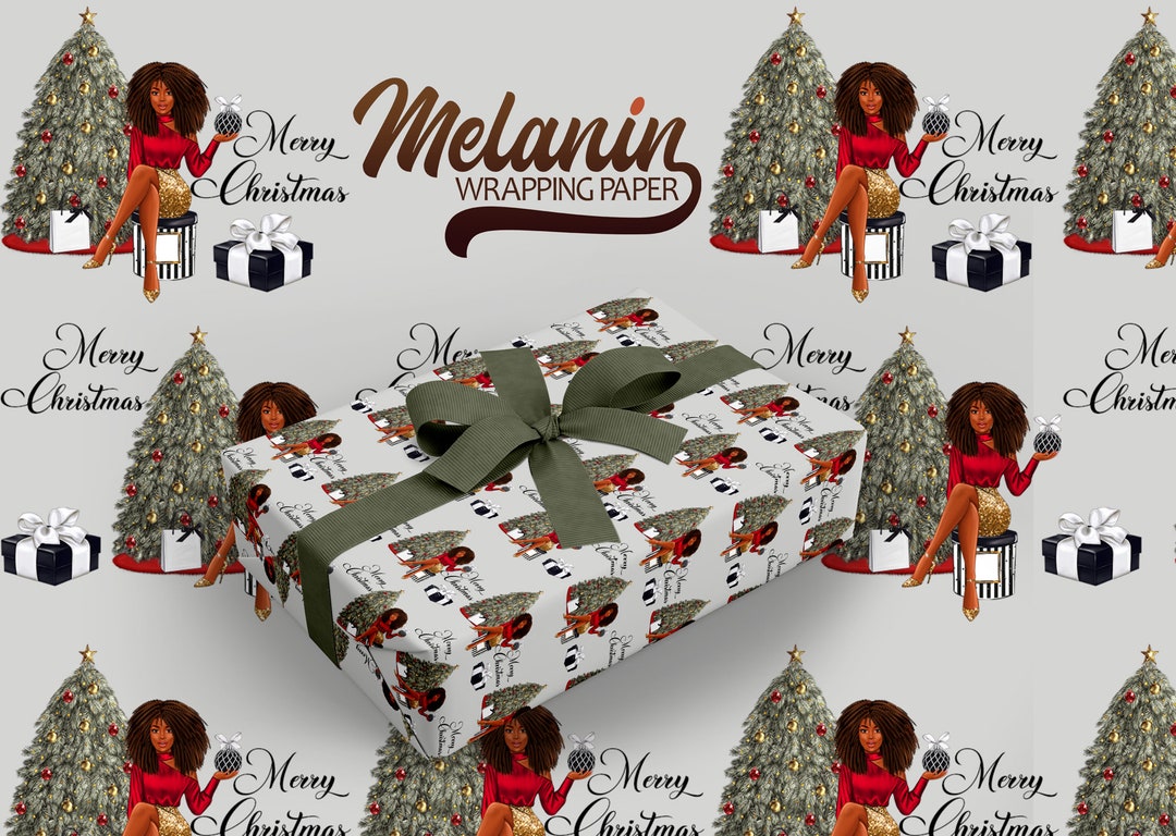 Black Merry Christmas Wrapping Paper, African American Holiday Gift