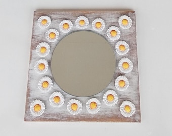 Wooden decorative mirror with flowers, handmade rustic wall art, natural boho wall decor, gift for new home
