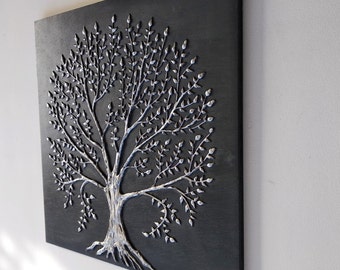 Black and silver tree of life wall art, plaster bas relief, embossed rustic wall decor, wooden art painting