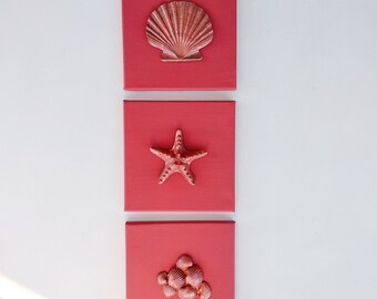 Set of coral orange decorative paintings with embossed sea shells, colorful modern canvases wall decor, handmade contemporary original art