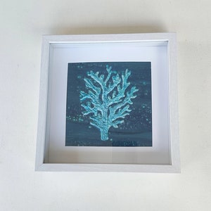 Blue sea coral painting, framed canvas ocean wall art, beach house decor, nautical home decor, original coastal artwork