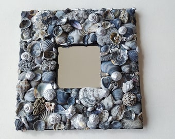 Gray and silver sea shell ornamental mirror, modern beach house decor, handmade coastal design wall art