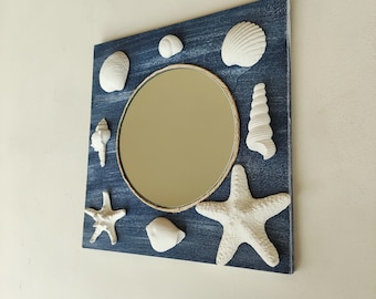 Nautical decorative mirror with seashells, coastal wall decor, handmade wood and plaster art, gift for beach house