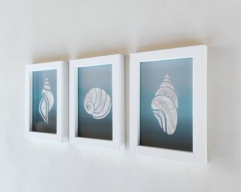 Small trio of paintings with shiny sea shells, original art for bathroom, modern textured paintings, handmade art