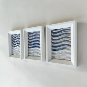 Peintures texturées de vagues d’océan Ensemble de 3, art original de vague de plâtre en relief, peintures décoratives texturées bleues et blanches