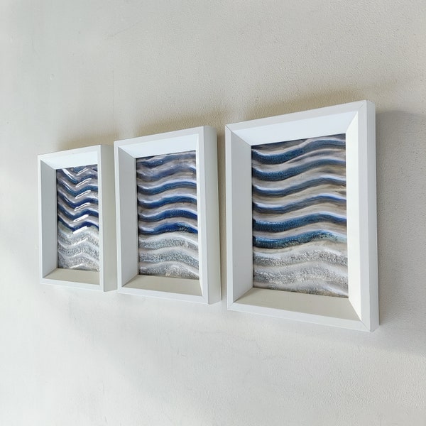 Textured ocean wave paintings set of 3, original embossed plaster lines wall art, blue and white decorative relief sea pictures