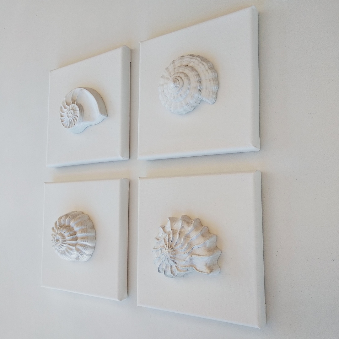 White Sea Shell Canvas Wall Art, Set of 4 Coastal Seashells Paintings