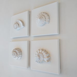 White sea shell canvas wall art, set of 4 coastal seashells paintings, bathroom 3d wall decor