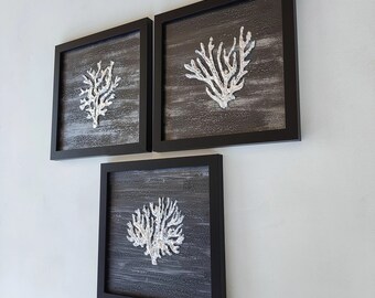 Set of 3 embossed gray and silver decorative paintings, framed textured original art, modern beach bathroom decor