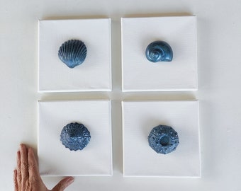 Coastal paintings with blue seashells set of 4, 3d nautical decorative canvases, original art for bathroom, modern beach decor