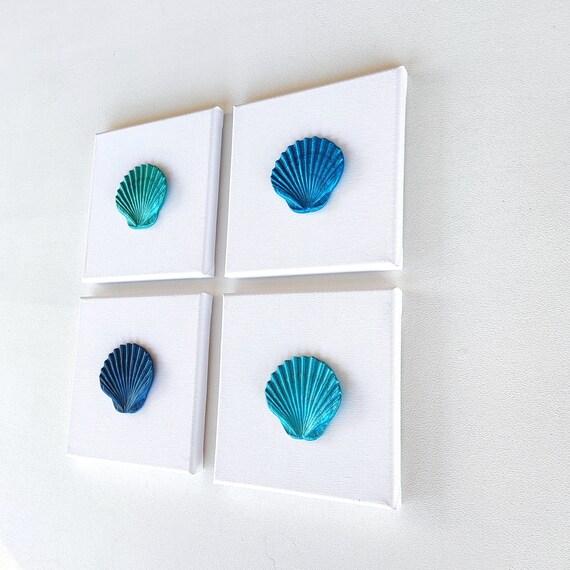 Set de 4 cuadros decorativos náuticos para cuarto de baño, arte original de yeso sobre lienzo, pinturas con conchas para casa de playa