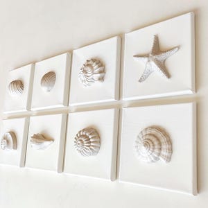 Commande personnalisée de toiles blanches ornées de coquillages, ensemble de 8 tableaux côtiers avec coquillages