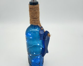 Nautical bottle lamp, coastal style lighting, wooden fish light, beach house decor, gift for her