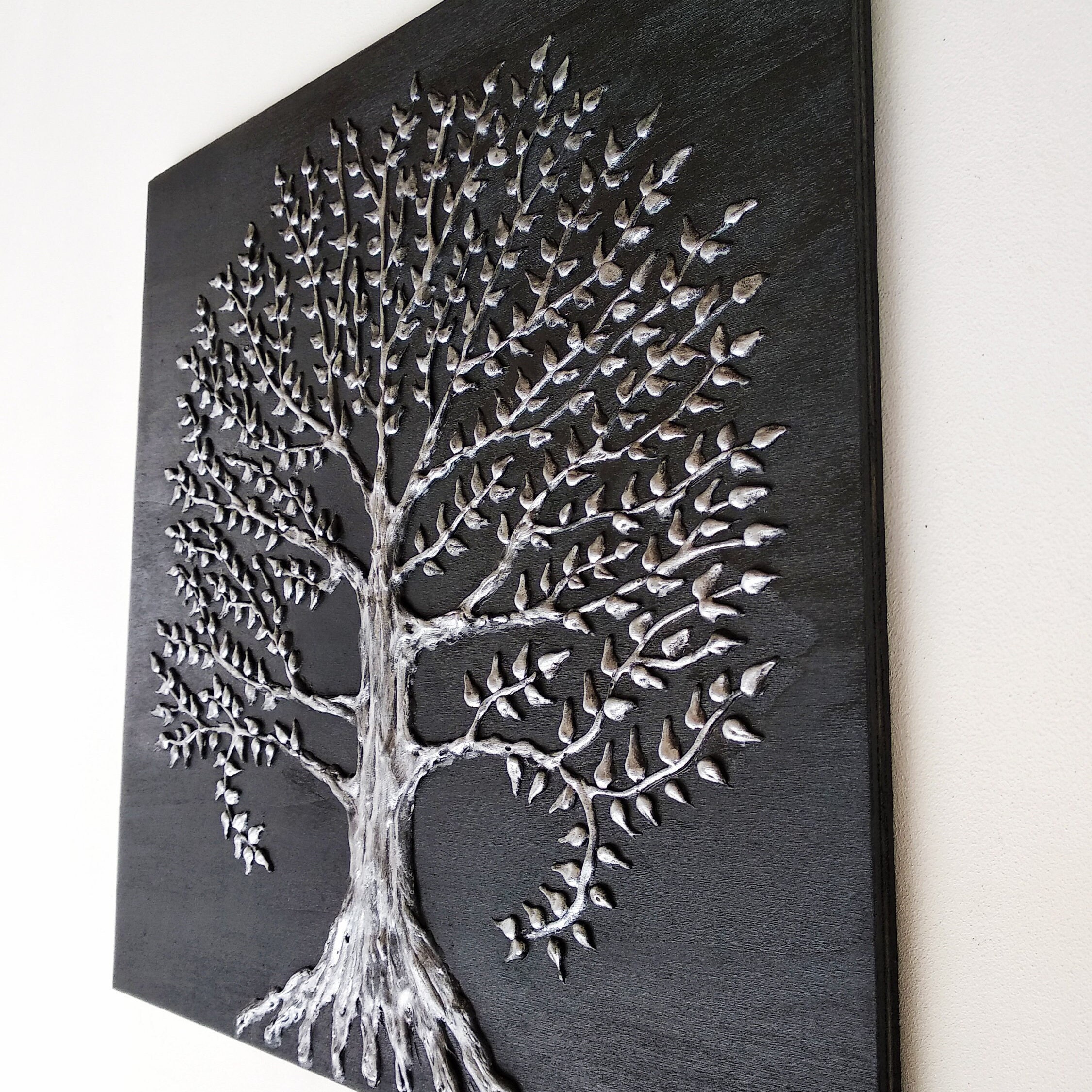 Cuadro de árbol de la vida negro y plata, bajorrelieve de escayola, arte de  pared rústica de escayola, cuadro decorativo de madera -  México