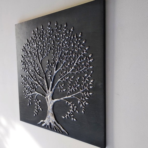 Cuadro de árbol de la vida negro y plata, bajorrelieve de escayola, arte de  pared rústica de escayola, cuadro decorativo de madera -  México