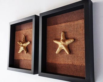 2 dekorative Seesternbilder in Schwarz und Gold, moderne rustikale Wanddekoration aus Jute, 3D-Wandkunst für das Wohnzimmer