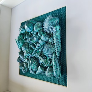 Blue seashell painting, original sea wall art, 3d plaster decorative shell sculpture, nautical gift for beach house, coastal home decor