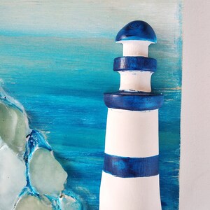 Nautical wooden picture with lighthouse and seagull, decorative beach sign, oceanic art with sea glass, coastal wall decor, gift for home image 7