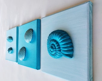 Swt of 3 seashell artworks on canvas, blue ocean inspired modern nautical paintings