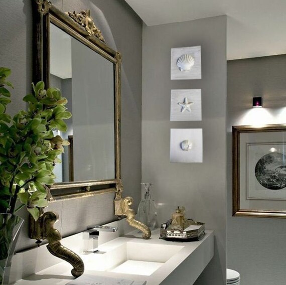 Cuadros blancos nacarados con conchas de mar, decoración de pared marinera para baño, arte original 3d sobre lienzo